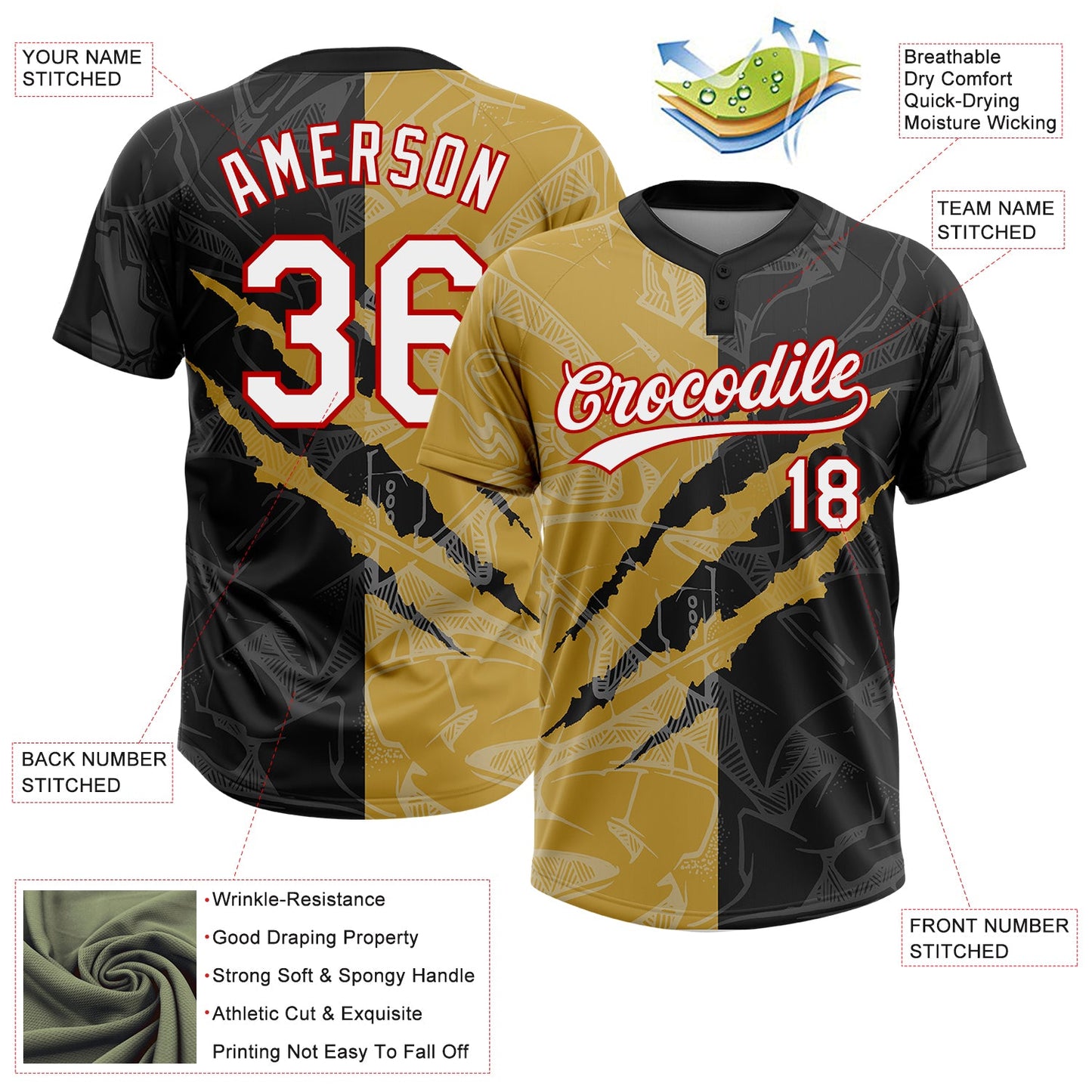 Custom Graffiti Pattern Black Old Gold-Red 3D Two-Button Unisex Softball Jersey view 3