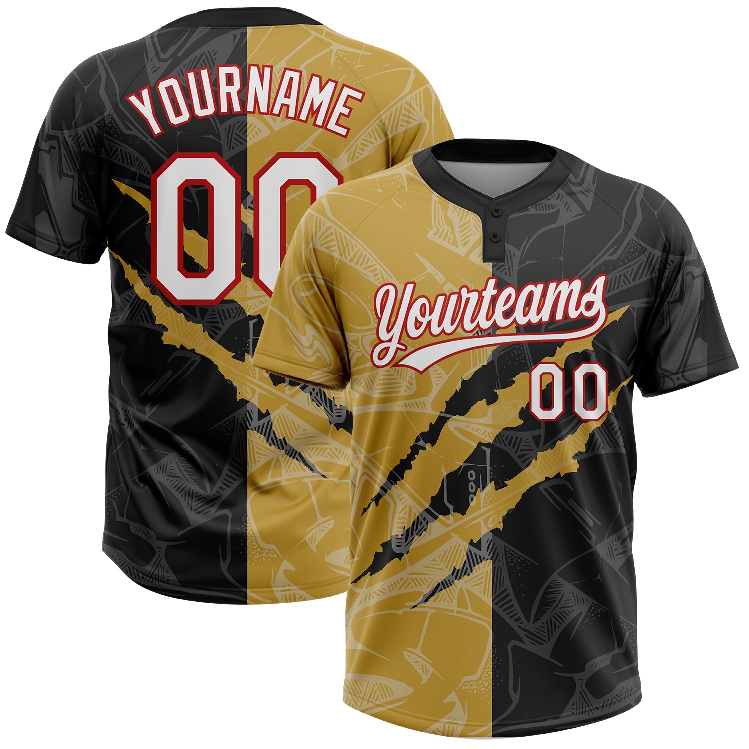 Custom Graffiti Pattern Black Old Gold-Red 3D Two-Button Unisex Softball Jersey - Main View