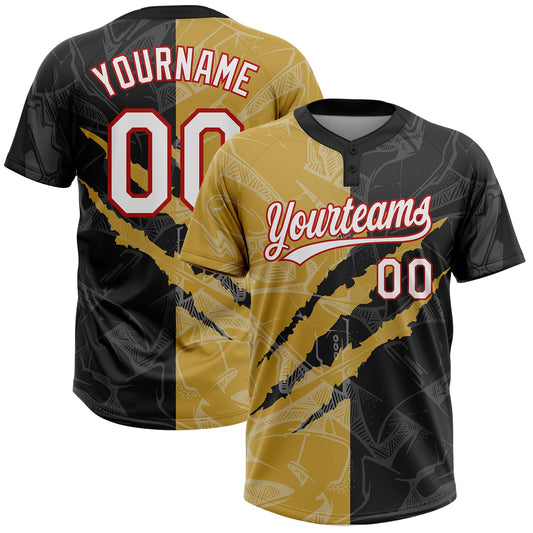 Custom Graffiti Pattern Black Old Gold-Red 3D Two-Button Unisex Softball Jersey - Main View