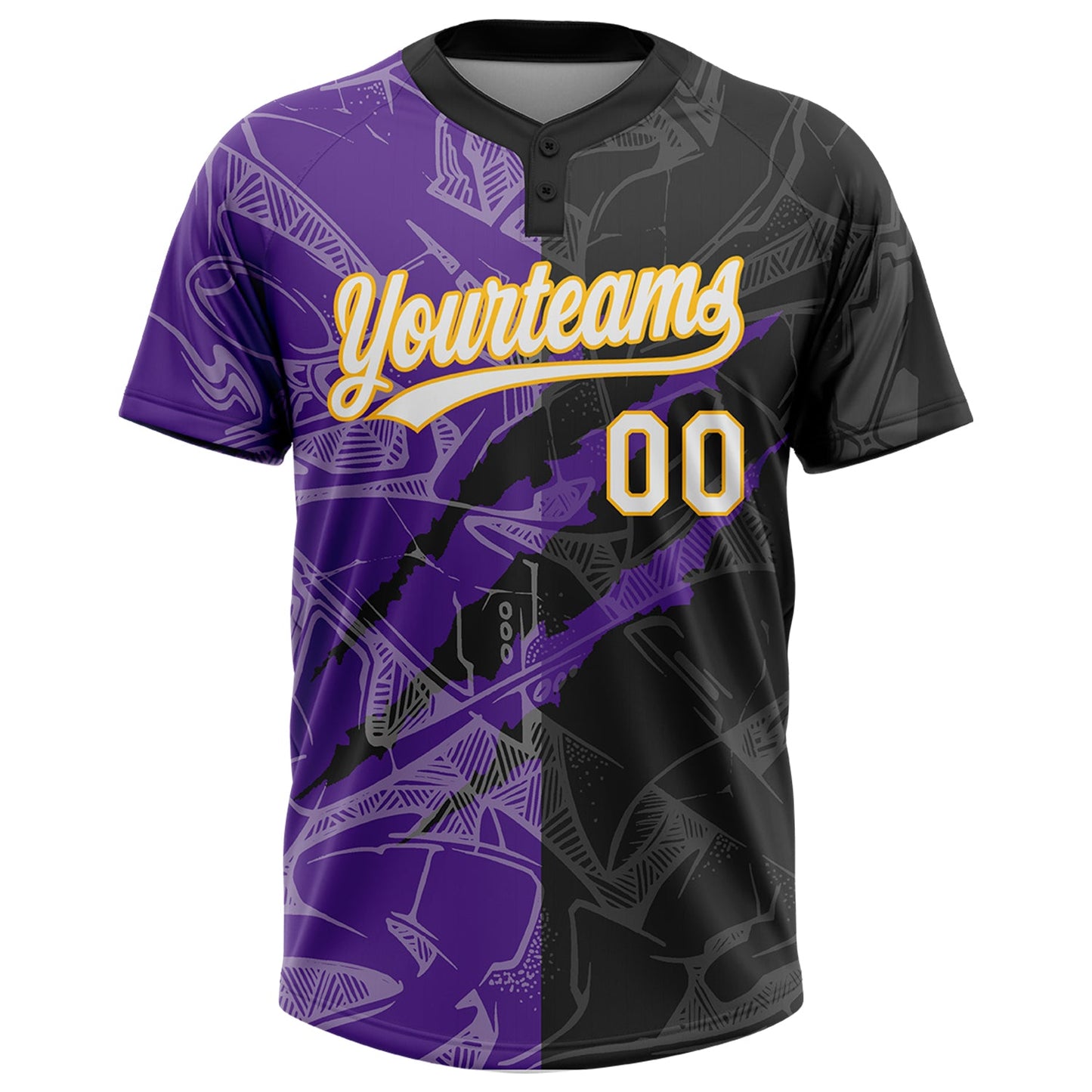 Custom Graffiti Pattern Black Purple-Gold 3D Two-Button Unisex Softball Jersey view 2