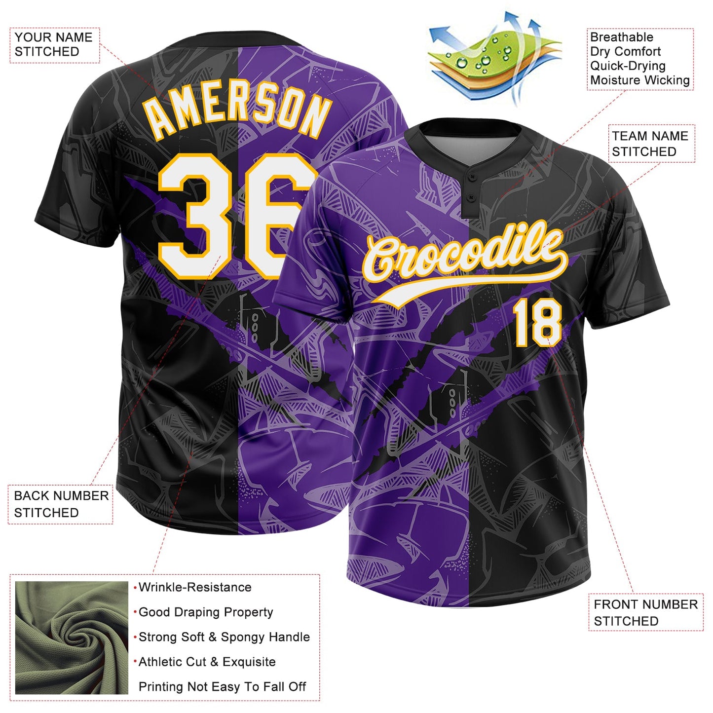 Custom Graffiti Pattern Black Purple-Gold 3D Two-Button Unisex Softball Jersey view 3