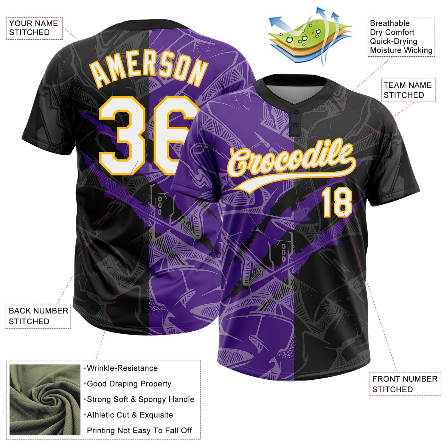 Custom Graffiti Pattern Black Purple-Gold 3D Two-Button Unisex Softball Jersey view 3