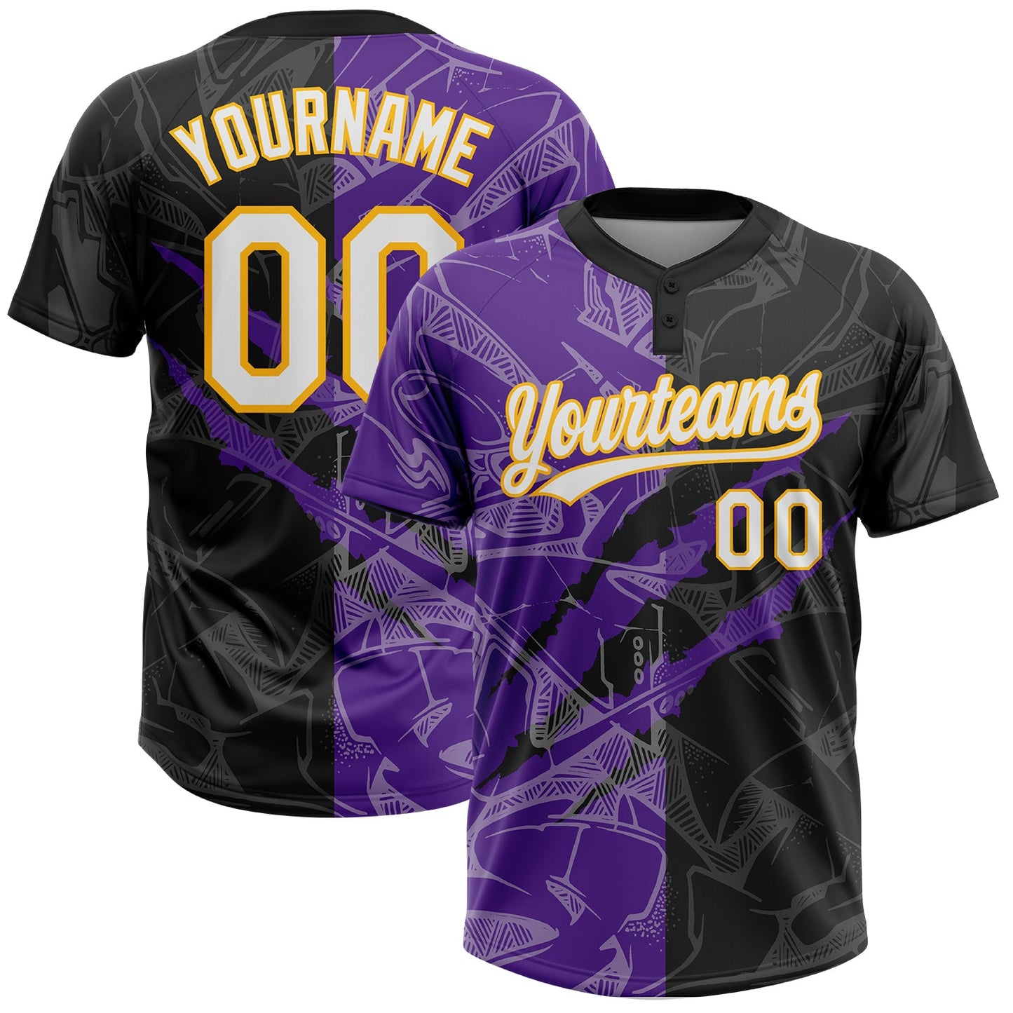 Custom Graffiti Pattern Black Purple-Gold 3D Two-Button Unisex Softball Jersey - Main View