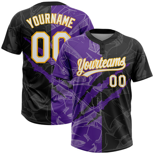 Custom Graffiti Pattern Black Purple-Gold 3D Two-Button Unisex Softball Jersey - Main View