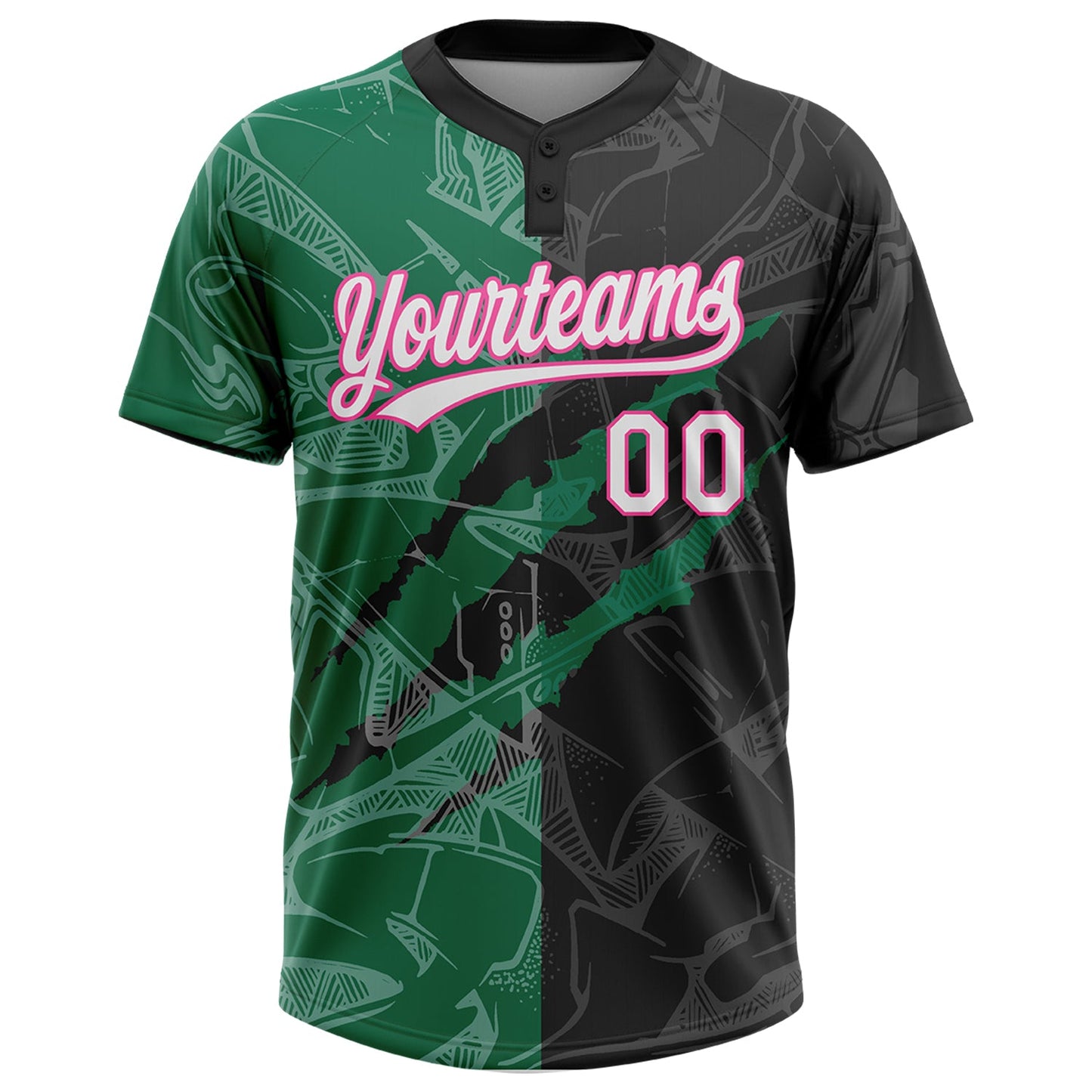 Custom Graffiti Pattern Black Kelly Green-Pink 3D Two-Button Unisex Softball Jersey view 2