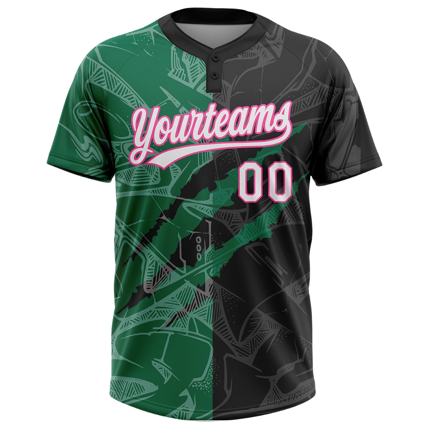 Custom Graffiti Pattern Black Kelly Green-Pink 3D Two-Button Unisex Softball Jersey view 2