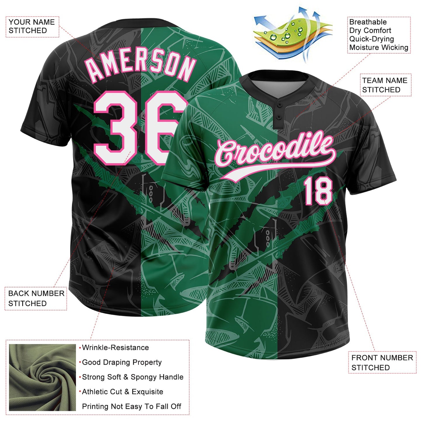 Custom Graffiti Pattern Black Kelly Green-Pink 3D Two-Button Unisex Softball Jersey view 3