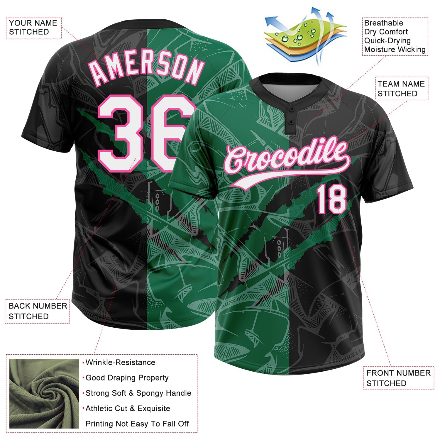 Custom Graffiti Pattern Black Kelly Green-Pink 3D Two-Button Unisex Softball Jersey view 3