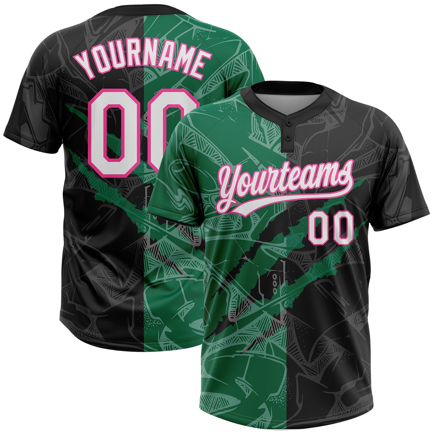 Custom Graffiti Pattern Black Kelly Green-Pink 3D Two-Button Unisex Softball Jersey - Main View
