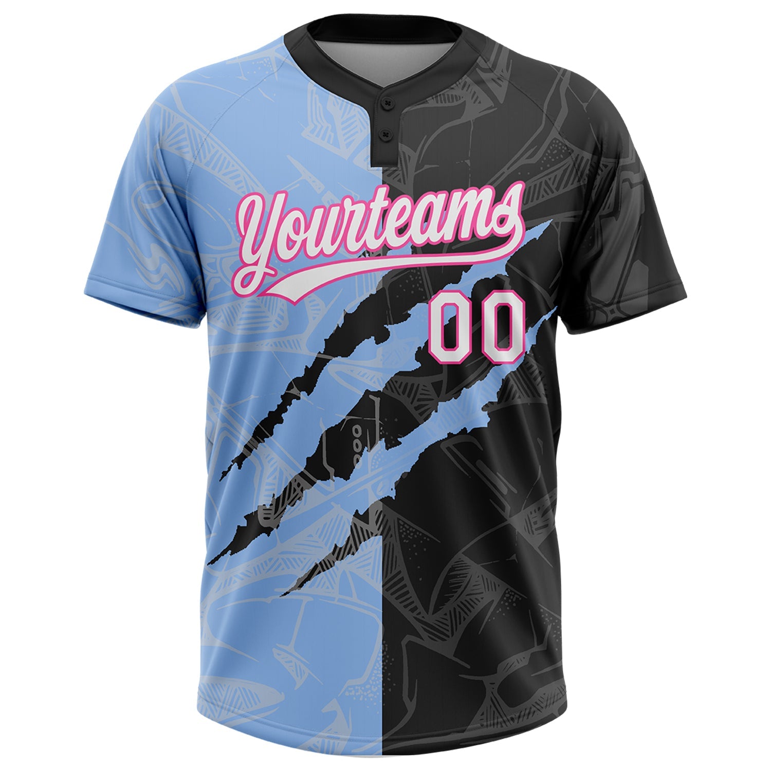 Custom Graffiti Pattern Black Light Blue-Pink 3D Two-Button Unisex Softball Jersey view 2