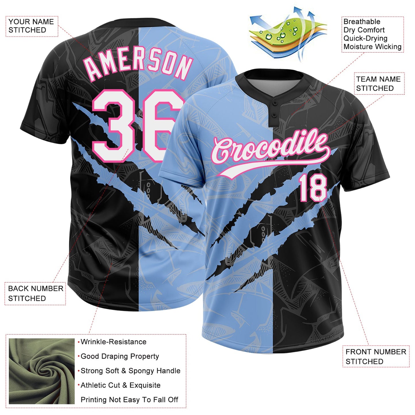 Custom Graffiti Pattern Black Light Blue-Pink 3D Two-Button Unisex Softball Jersey view 3