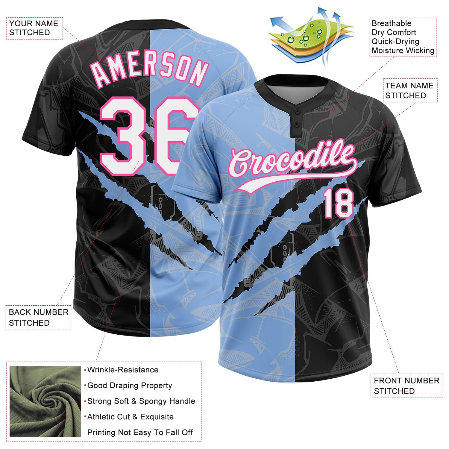 Custom Graffiti Pattern Black Light Blue-Pink 3D Two-Button Unisex Softball Jersey view 3