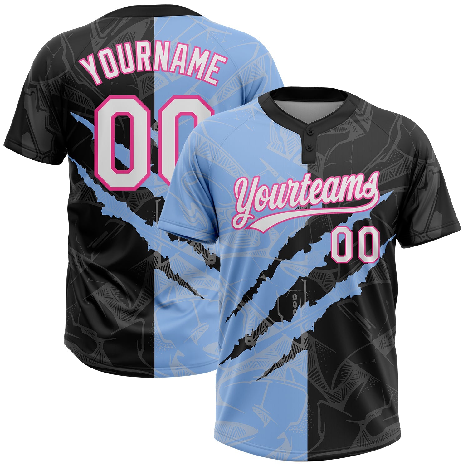Custom Graffiti Pattern Black Light Blue-Pink 3D Two-Button Unisex Softball Jersey - Main View