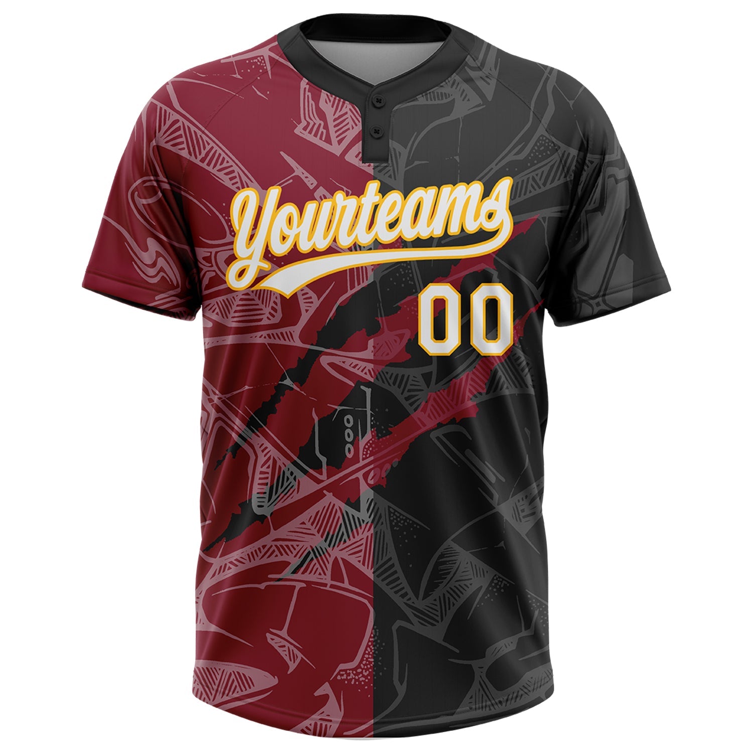 Custom Graffiti Pattern Black Crimson-Gold 3D Two-Button Unisex Softball Jersey view 2