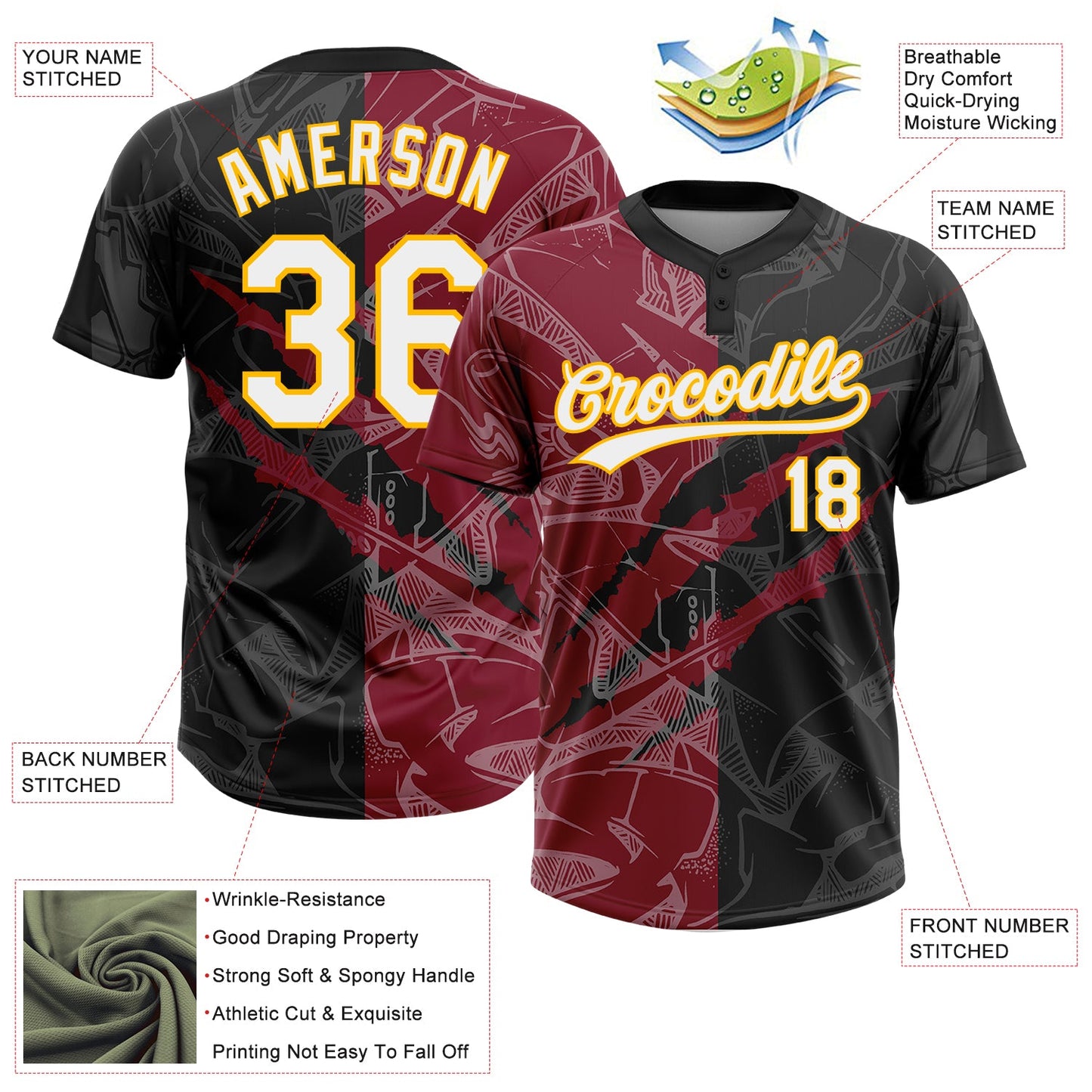 Custom Graffiti Pattern Black Crimson-Gold 3D Two-Button Unisex Softball Jersey view 3