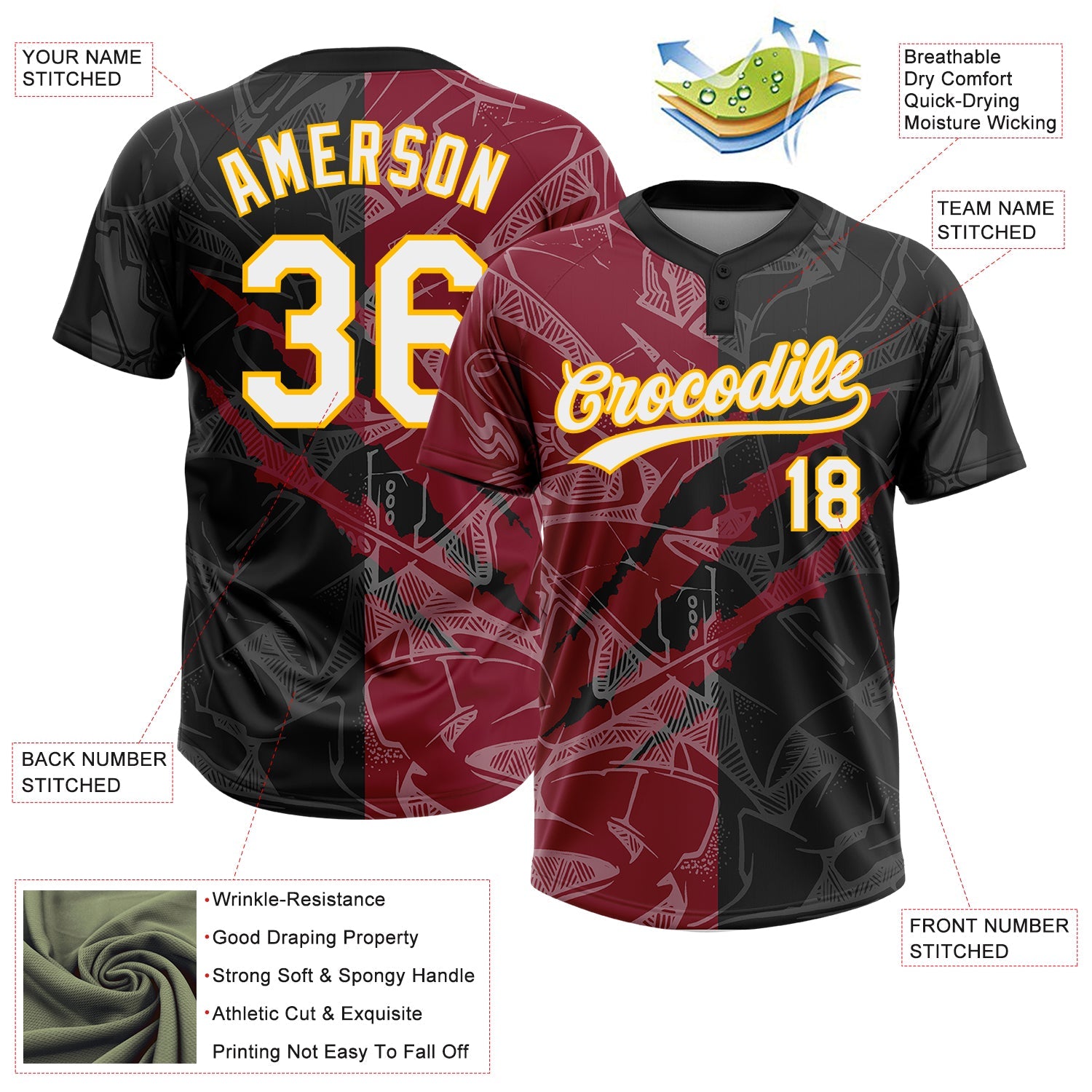 Custom Graffiti Pattern Black Crimson-Gold 3D Two-Button Unisex Softball Jersey view 3