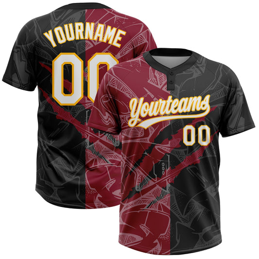 Custom Graffiti Pattern Black Crimson-Gold 3D Two-Button Unisex Softball Jersey - Main View