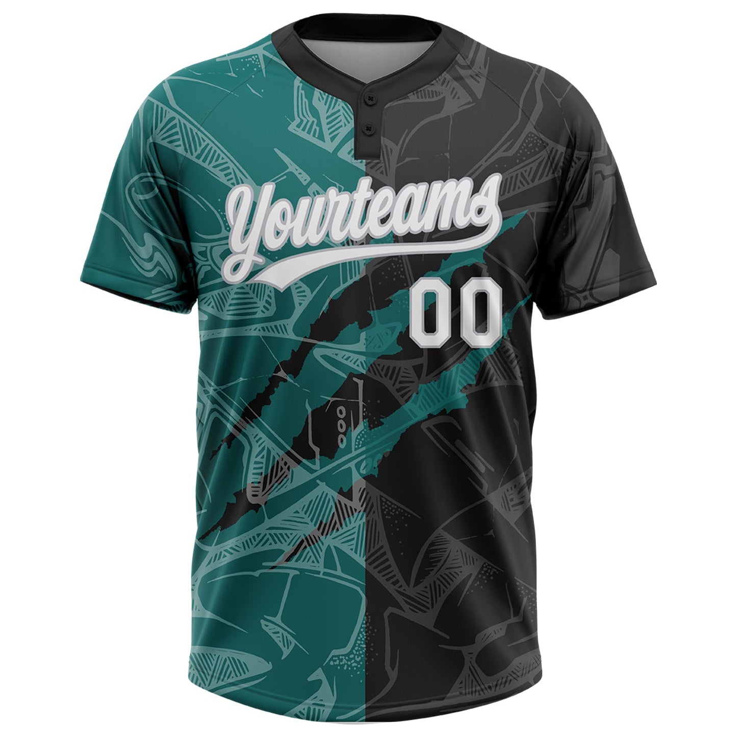 Custom Graffiti Pattern Black Teal-Gray 3D Two-Button Unisex Softball Jersey view 2