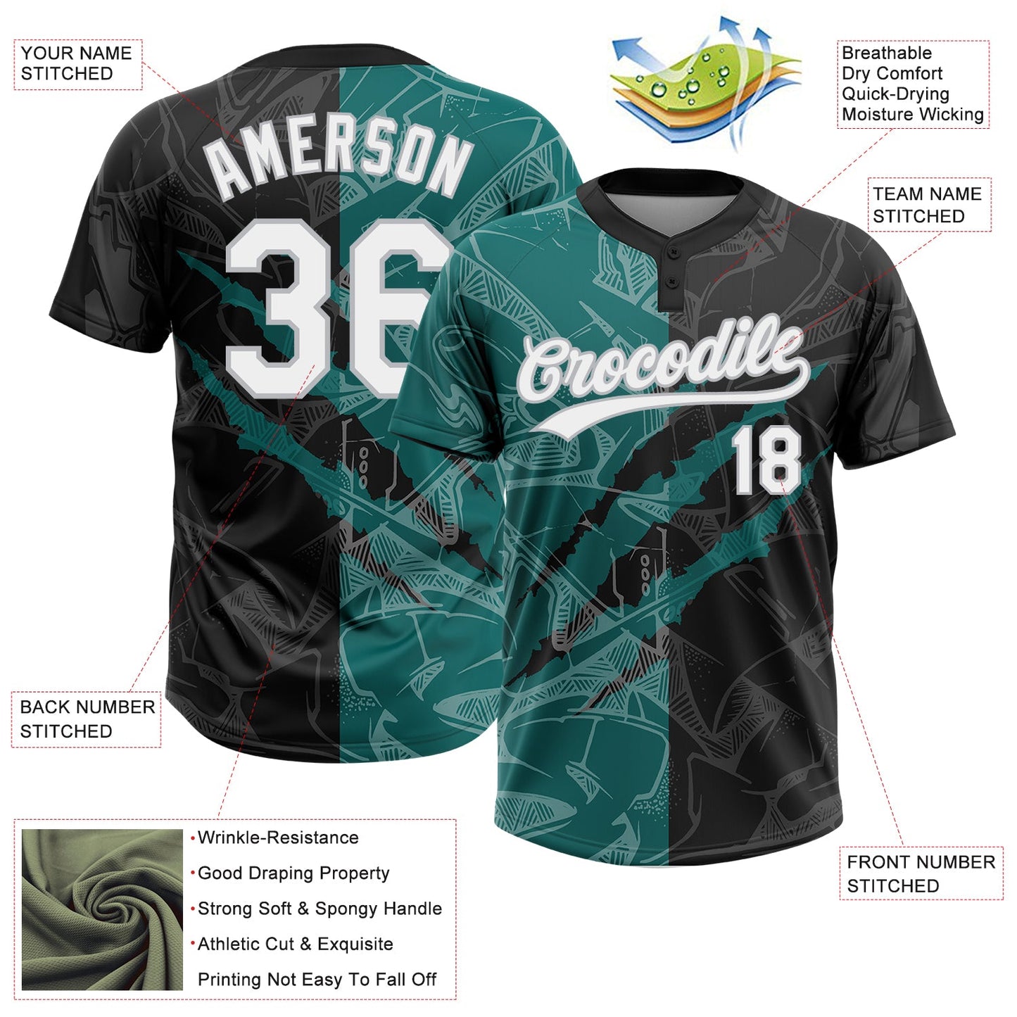 Custom Graffiti Pattern Black Teal-Gray 3D Two-Button Unisex Softball Jersey view 3