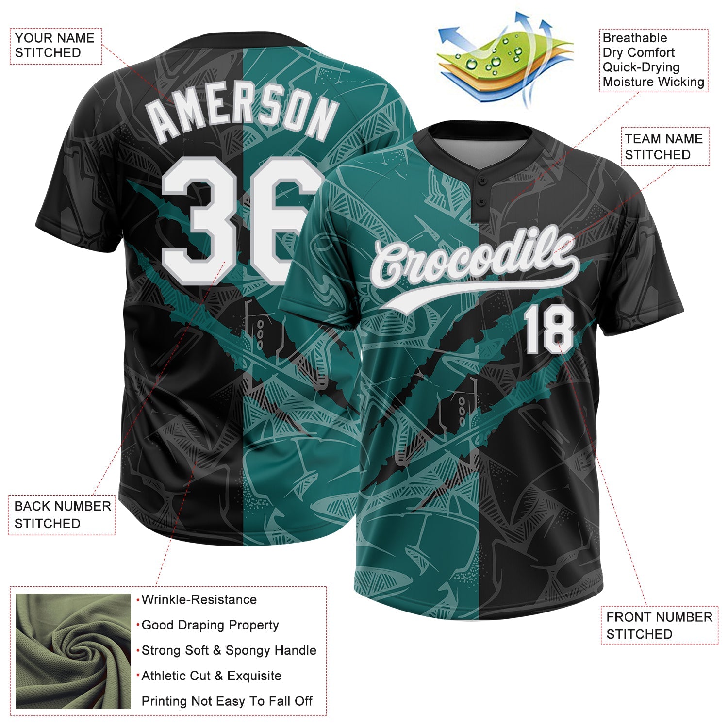 Custom Graffiti Pattern Black Teal-Gray 3D Two-Button Unisex Softball Jersey view 3