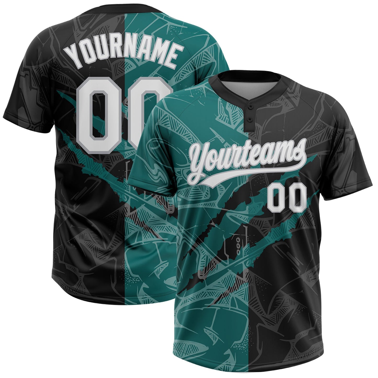 Custom Graffiti Pattern Black Teal-Gray 3D Two-Button Unisex Softball Jersey - Main View