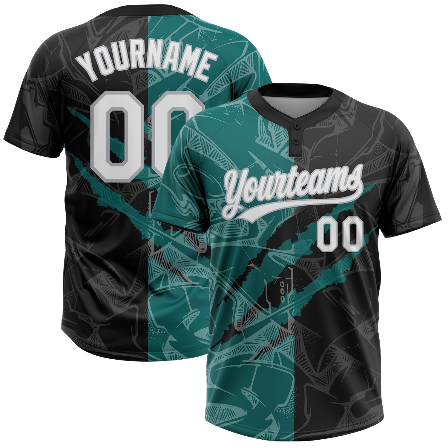 Custom Graffiti Pattern Black Teal-Gray 3D Two-Button Unisex Softball Jersey - Main View