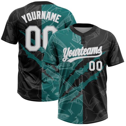 Custom Graffiti Pattern Black Teal-Gray 3D Two-Button Unisex Softball Jersey - Main View