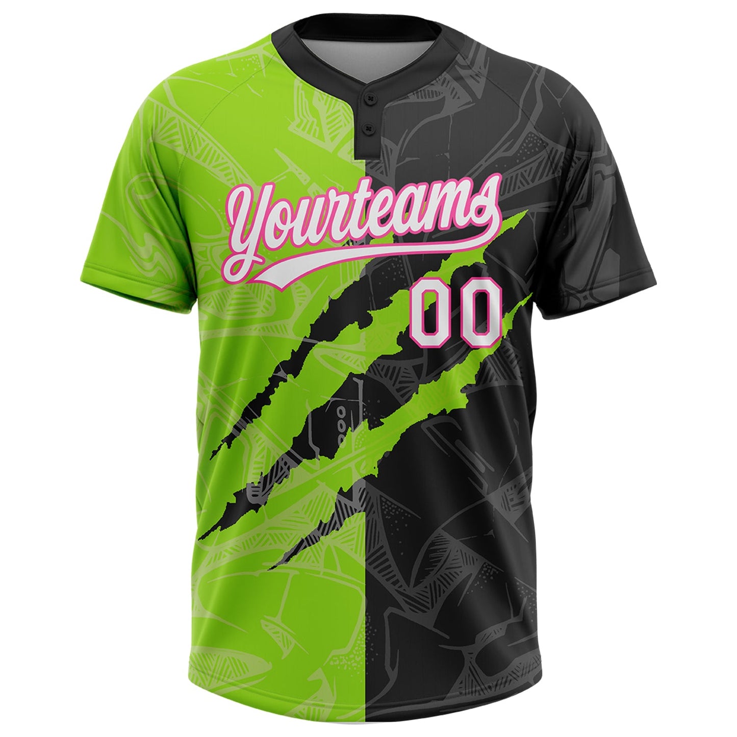 Custom Graffiti Pattern Black Neon Green-Pink 3D Two-Button Unisex Softball Jersey view 2