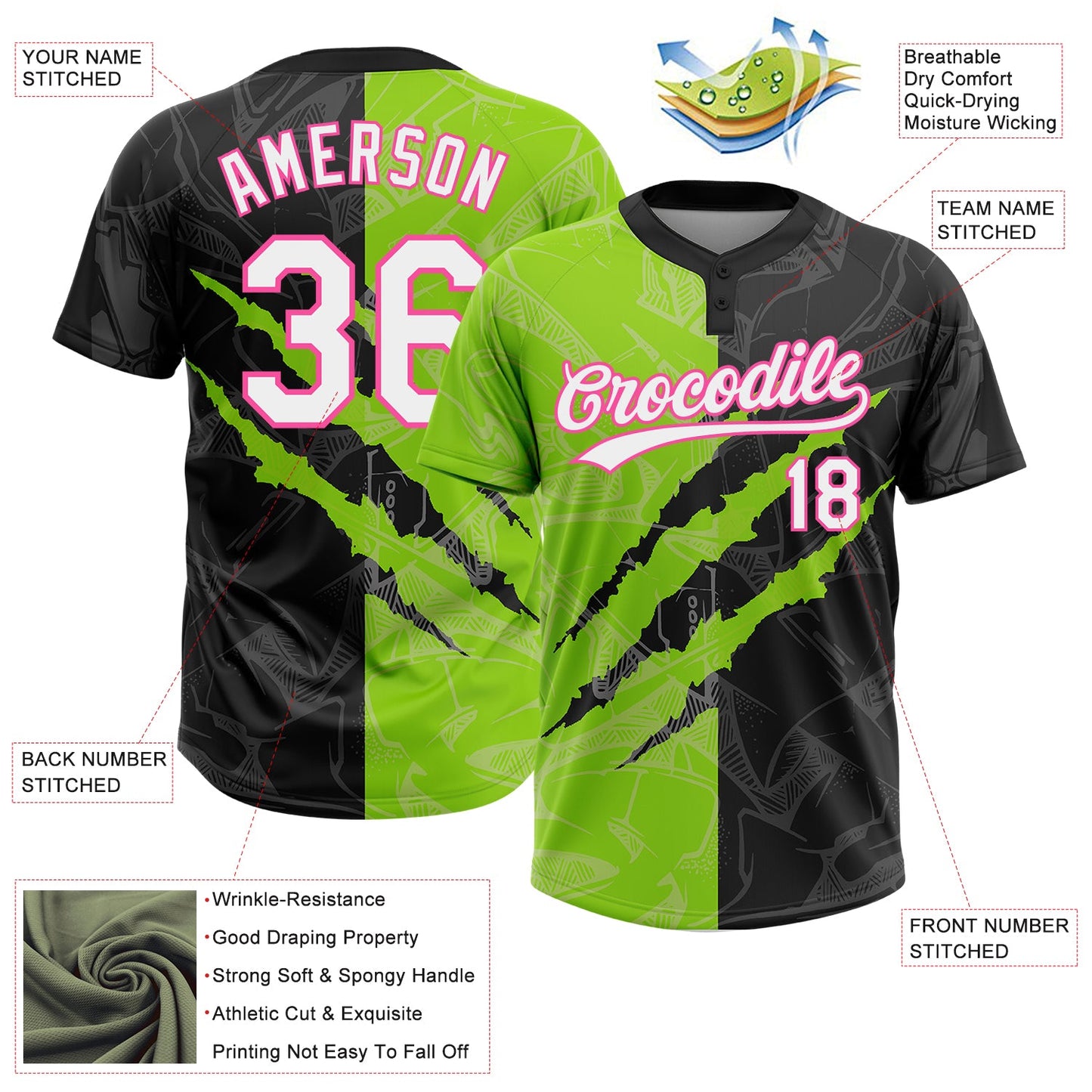 Custom Graffiti Pattern Black Neon Green-Pink 3D Two-Button Unisex Softball Jersey view 3