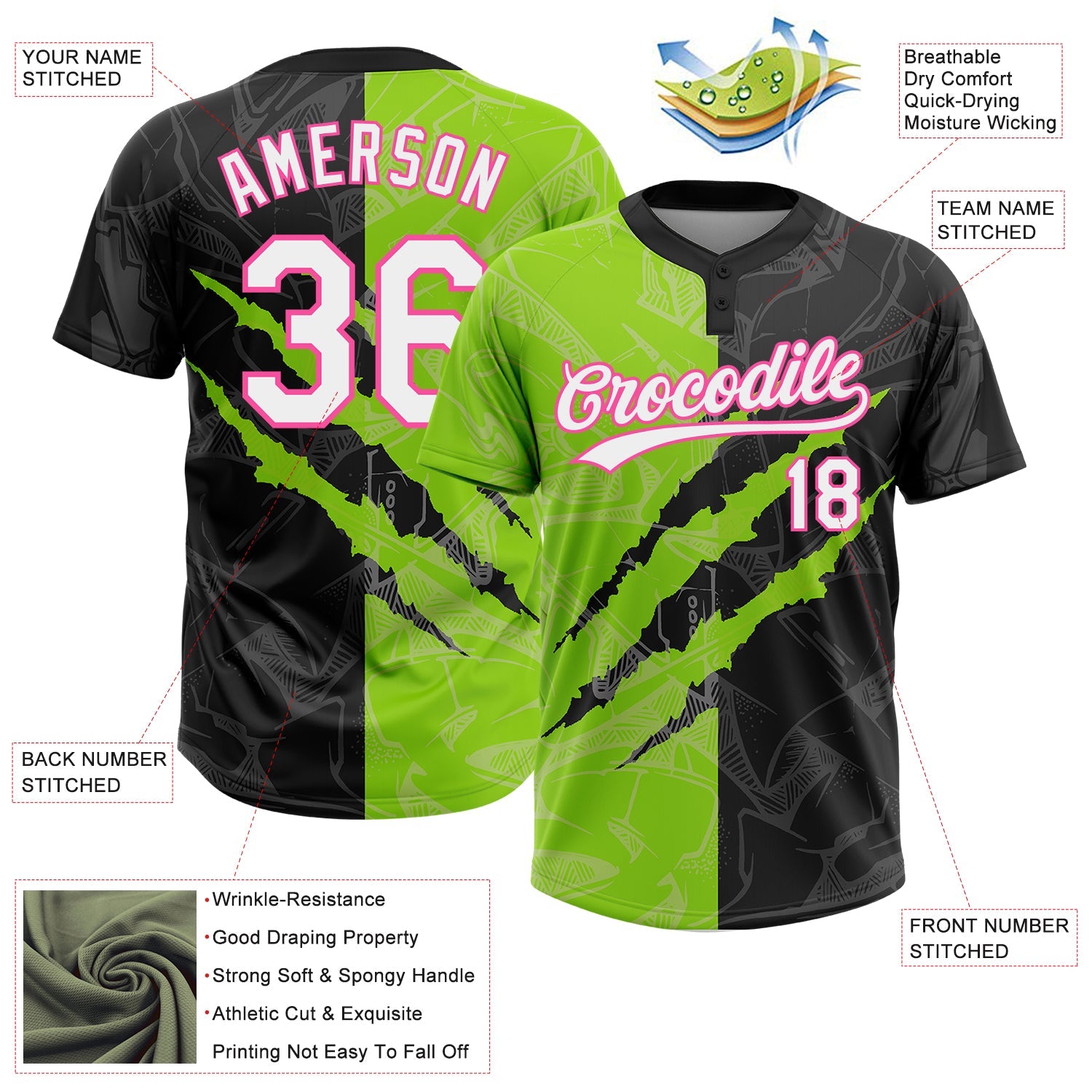 Custom Graffiti Pattern Black Neon Green-Pink 3D Two-Button Unisex Softball Jersey view 3
