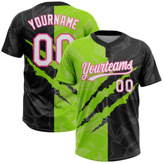 Custom Graffiti Pattern Black Neon Green-Pink 3D Two-Button Unisex Softball Jersey - Main View