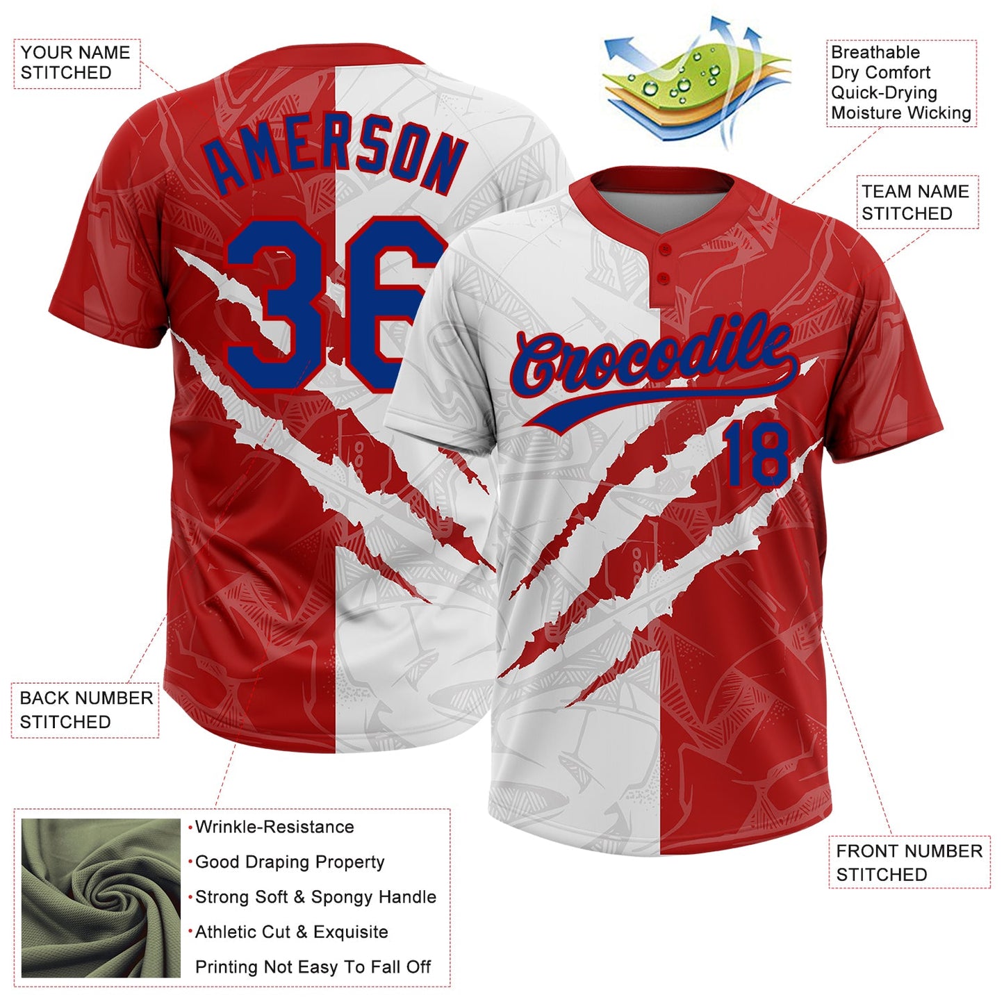 Custom Graffiti Pattern Royal-Red 3D Two-Button Unisex Softball Jersey view 3