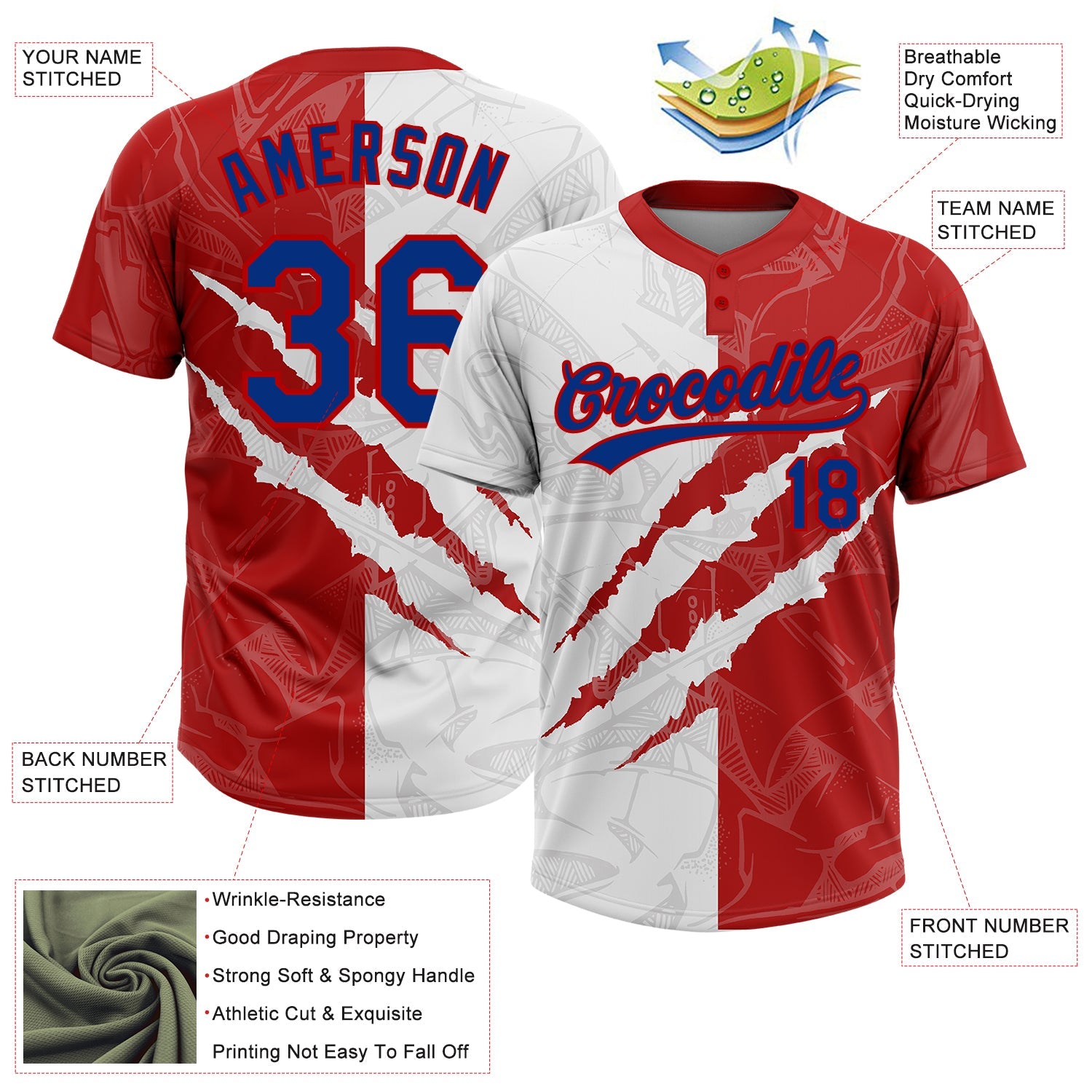 Custom Graffiti Pattern Royal-Red 3D Two-Button Unisex Softball Jersey view 3