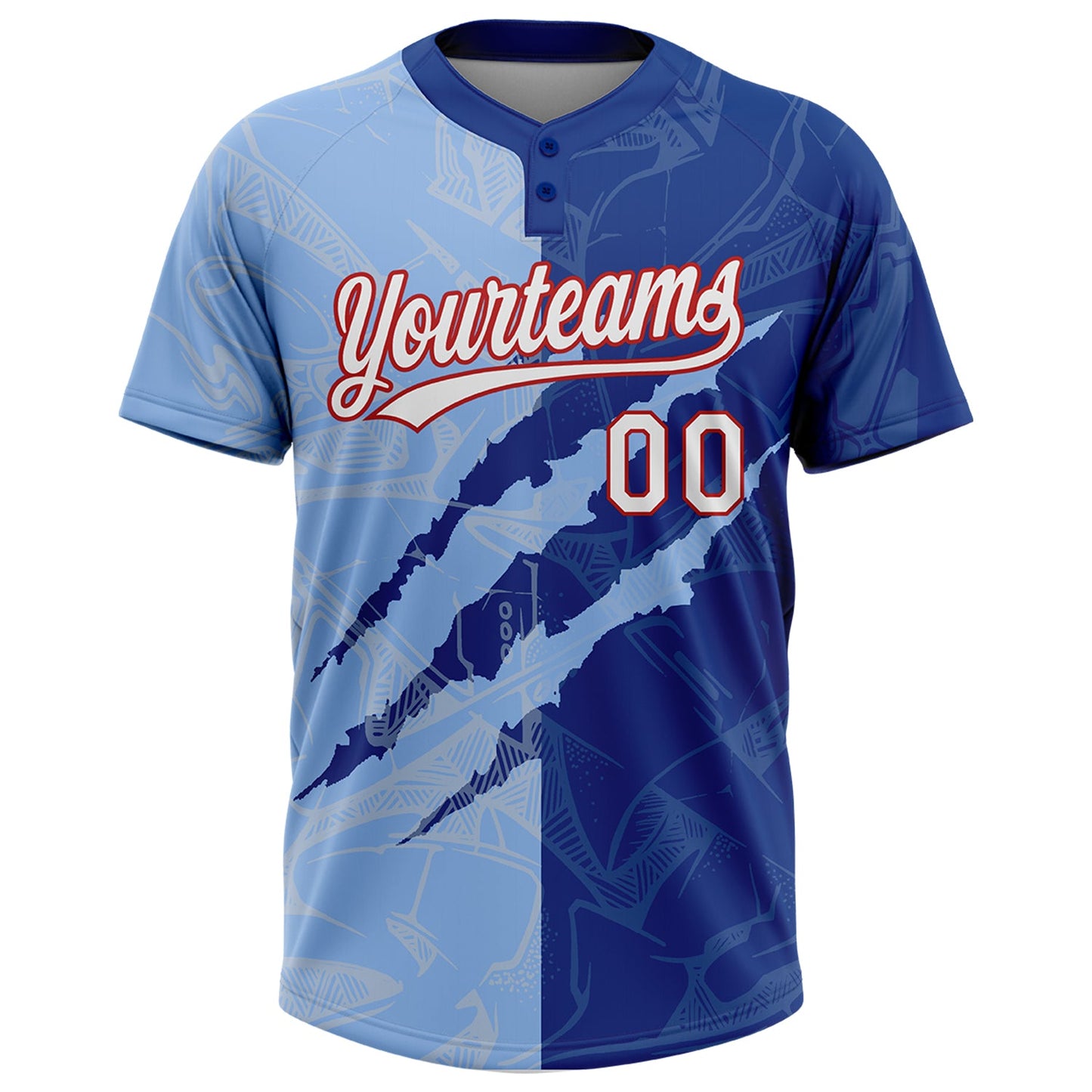 Custom Graffiti Pattern Light Blue Royal-Red 3D Two-Button Unisex Softball Jersey view 2