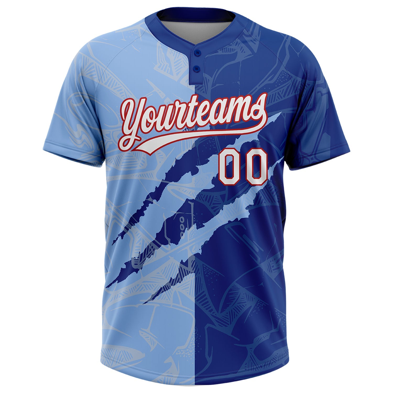 Custom Graffiti Pattern Light Blue Royal-Red 3D Two-Button Unisex Softball Jersey view 2