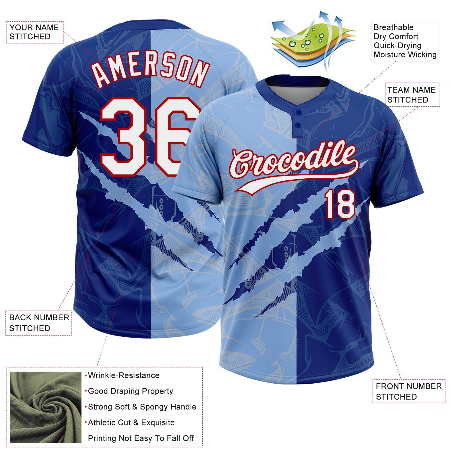 Custom Graffiti Pattern Light Blue Royal-Red 3D Two-Button Unisex Softball Jersey view 3