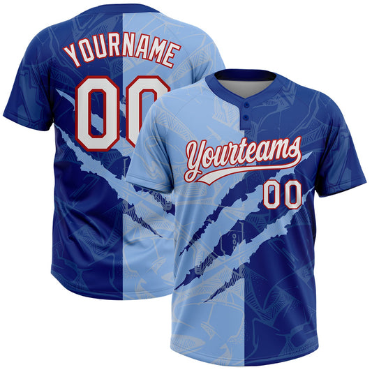 Custom Graffiti Pattern Light Blue Royal-Red 3D Two-Button Unisex Softball Jersey - Main View