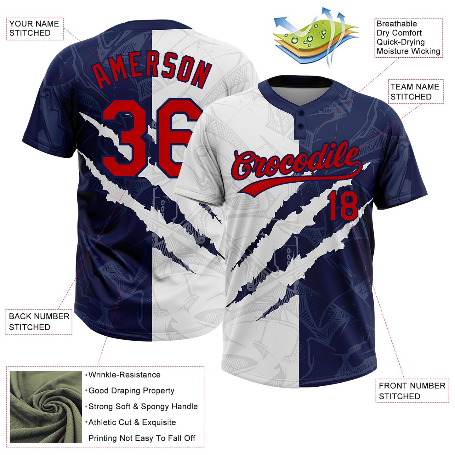 Custom Graffiti Pattern Red-Navy 3D Two-Button Unisex Softball Jersey view 3
