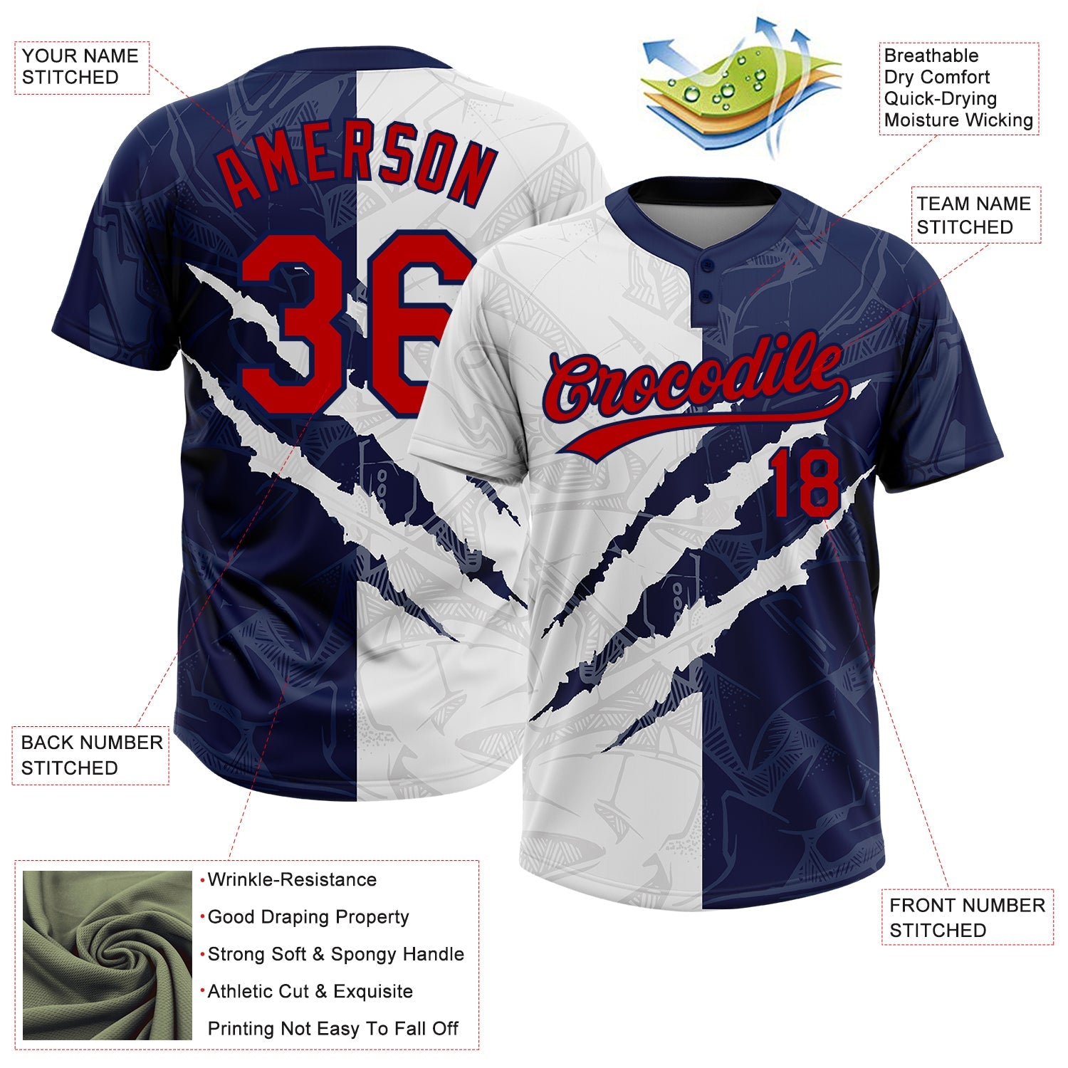 Custom Graffiti Pattern Red-Navy 3D Two-Button Unisex Softball Jersey view 3