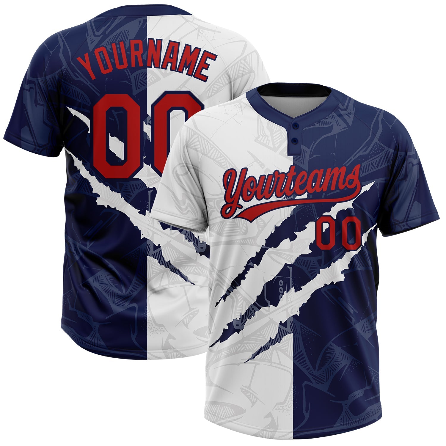 Custom Graffiti Pattern Red-Navy 3D Two-Button Unisex Softball Jersey - Main View