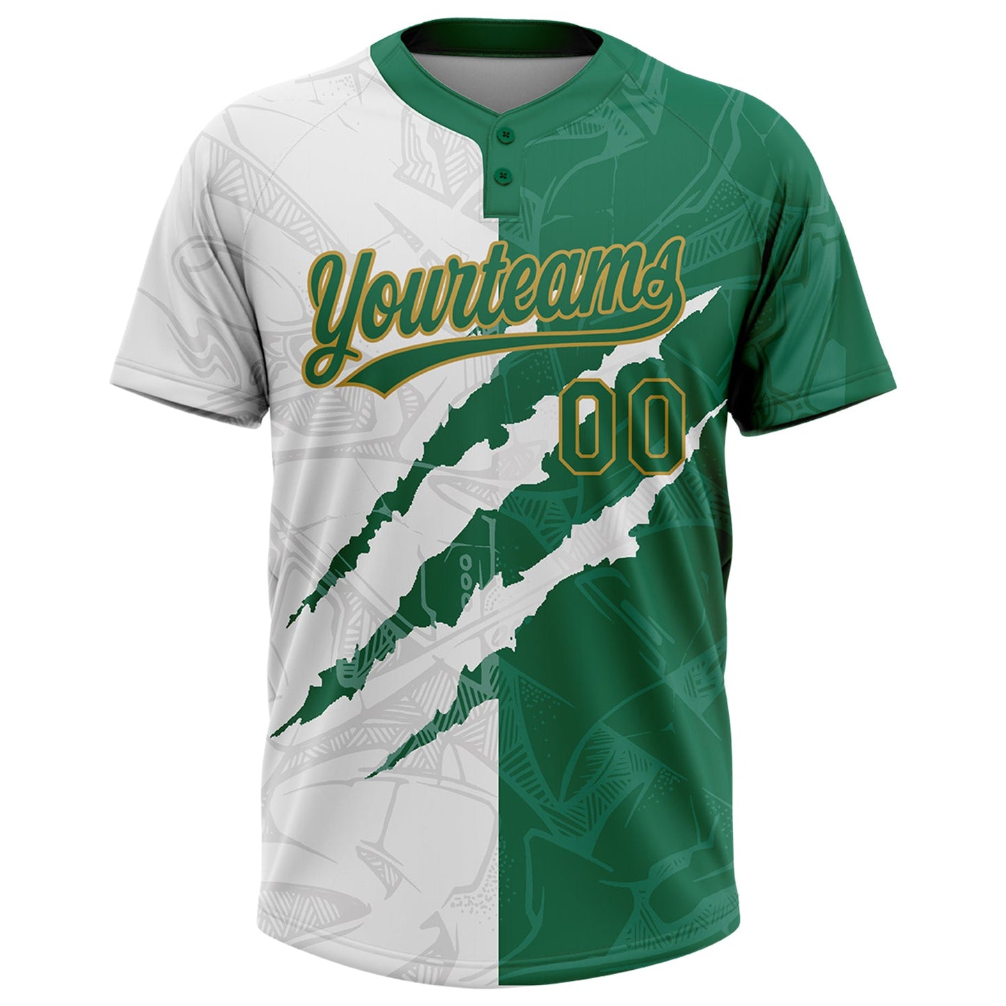 Custom Graffiti Pattern Kelly Green-Old Gold 3D Two-Button Unisex Softball Jersey view 2