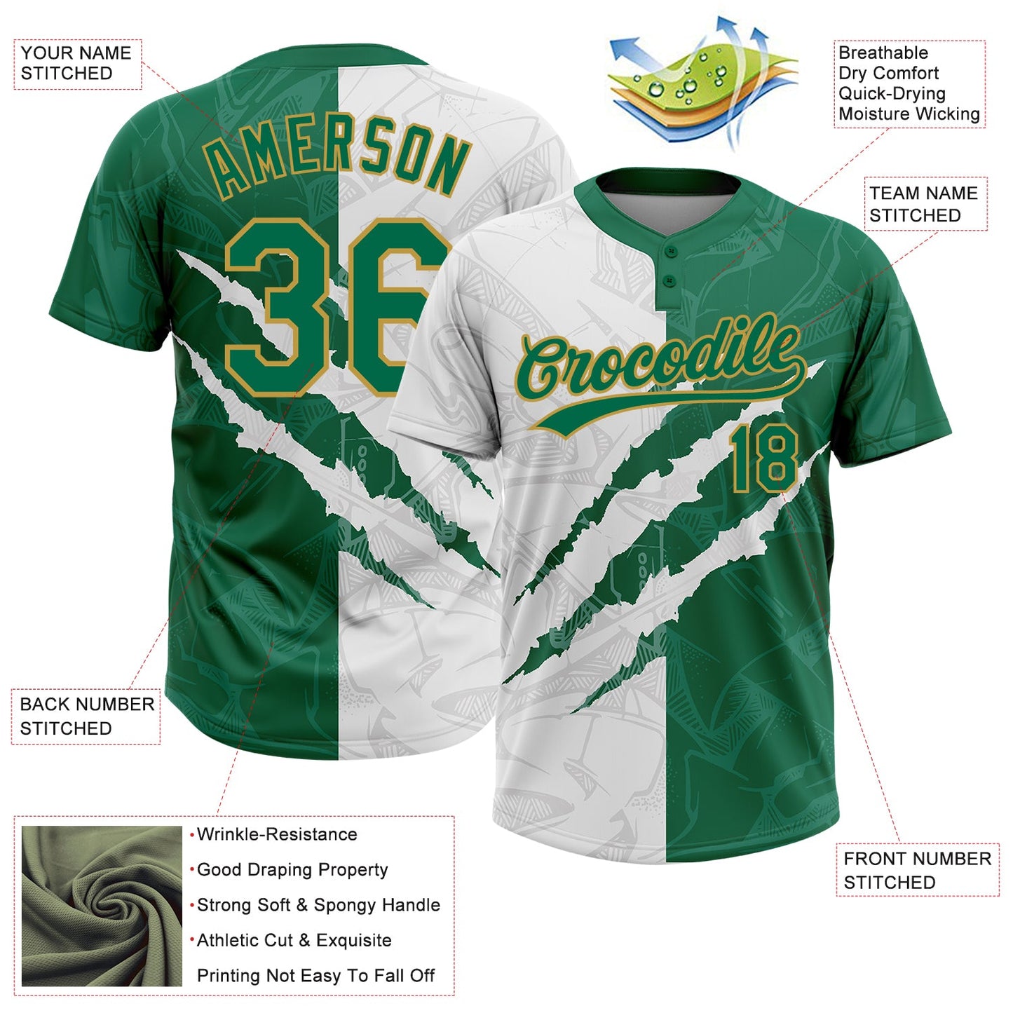 Custom Graffiti Pattern Kelly Green-Old Gold 3D Two-Button Unisex Softball Jersey view 3