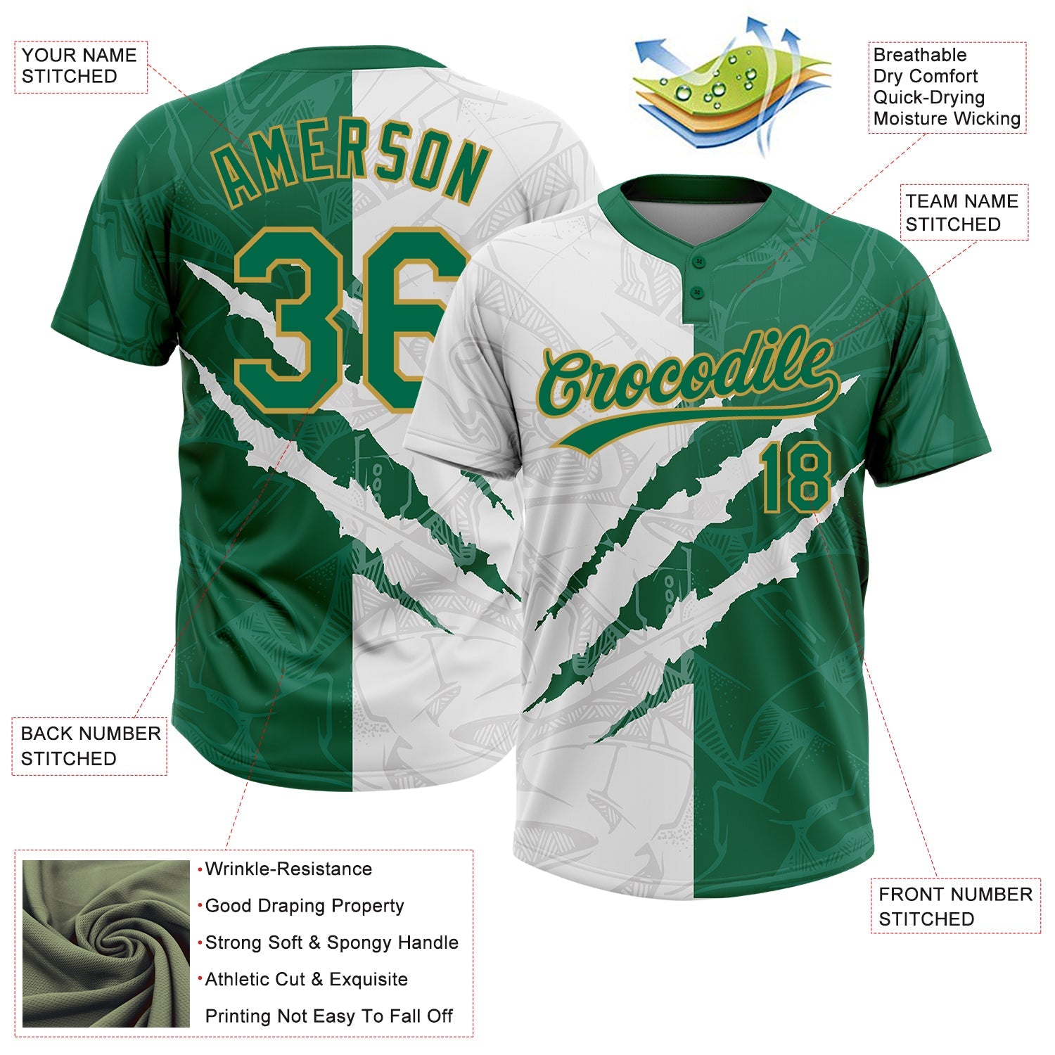 Custom Graffiti Pattern Kelly Green-Old Gold 3D Two-Button Unisex Softball Jersey view 3