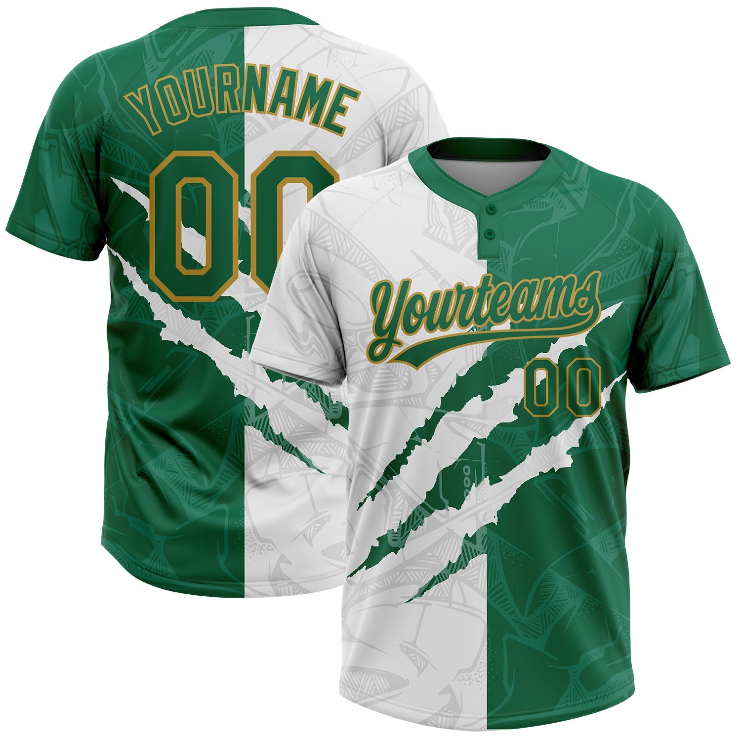 Custom Graffiti Pattern Kelly Green-Old Gold 3D Two-Button Unisex Softball Jersey - Main View