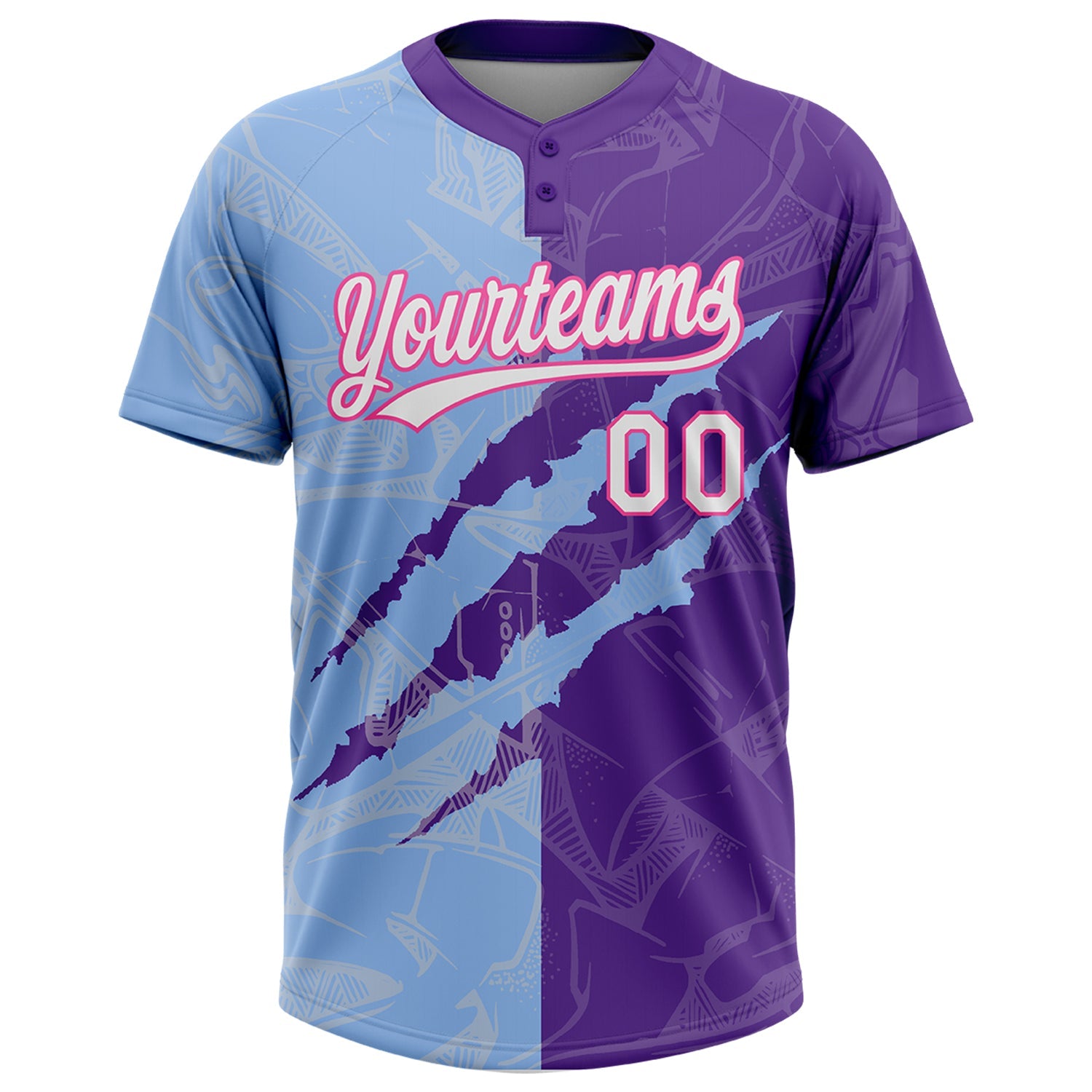 Custom Graffiti Pattern Purple Light Blue-Pink 3D Two-Button Unisex Softball Jersey view 2