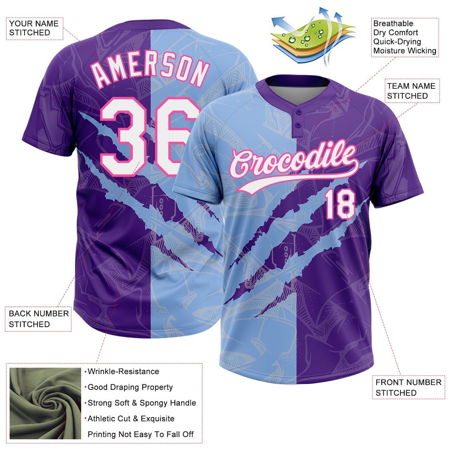 Custom Graffiti Pattern Purple Light Blue-Pink 3D Two-Button Unisex Softball Jersey view 3