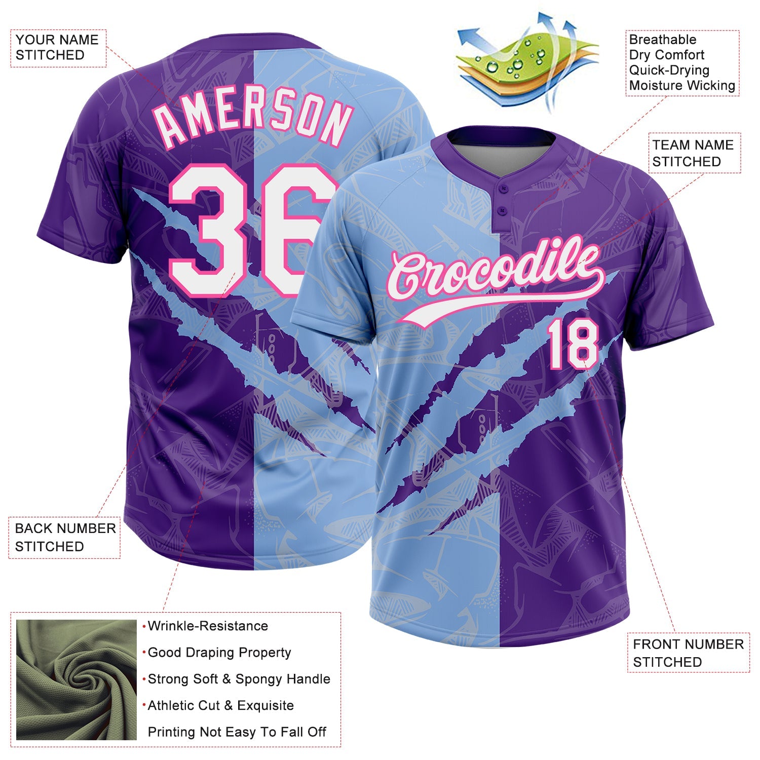 Custom Graffiti Pattern Purple Light Blue-Pink 3D Two-Button Unisex Softball Jersey view 3