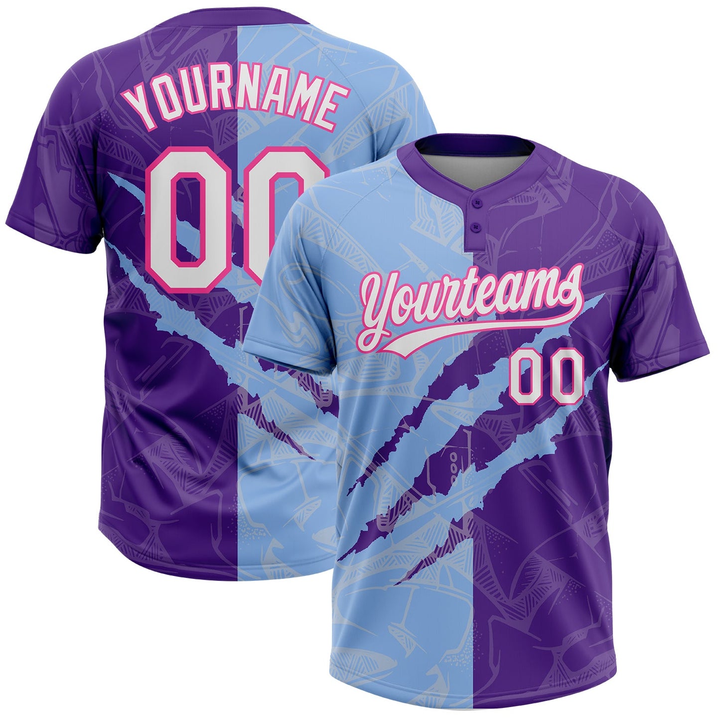 Custom Graffiti Pattern Purple Light Blue-Pink 3D Two-Button Unisex Softball Jersey - Main View