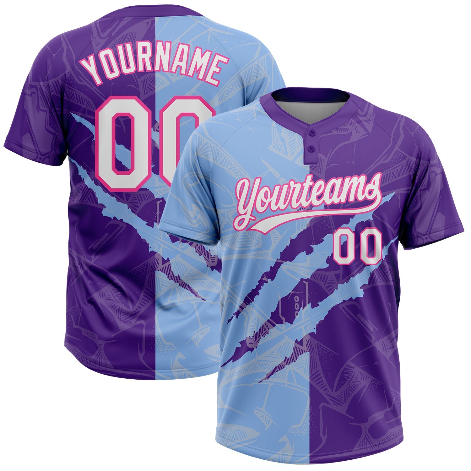 Custom Graffiti Pattern Purple Light Blue-Pink 3D Two-Button Unisex Softball Jersey - Main View