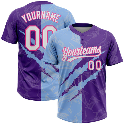 Custom Graffiti Pattern Purple Light Blue-Pink 3D Two-Button Unisex Softball Jersey - Main View